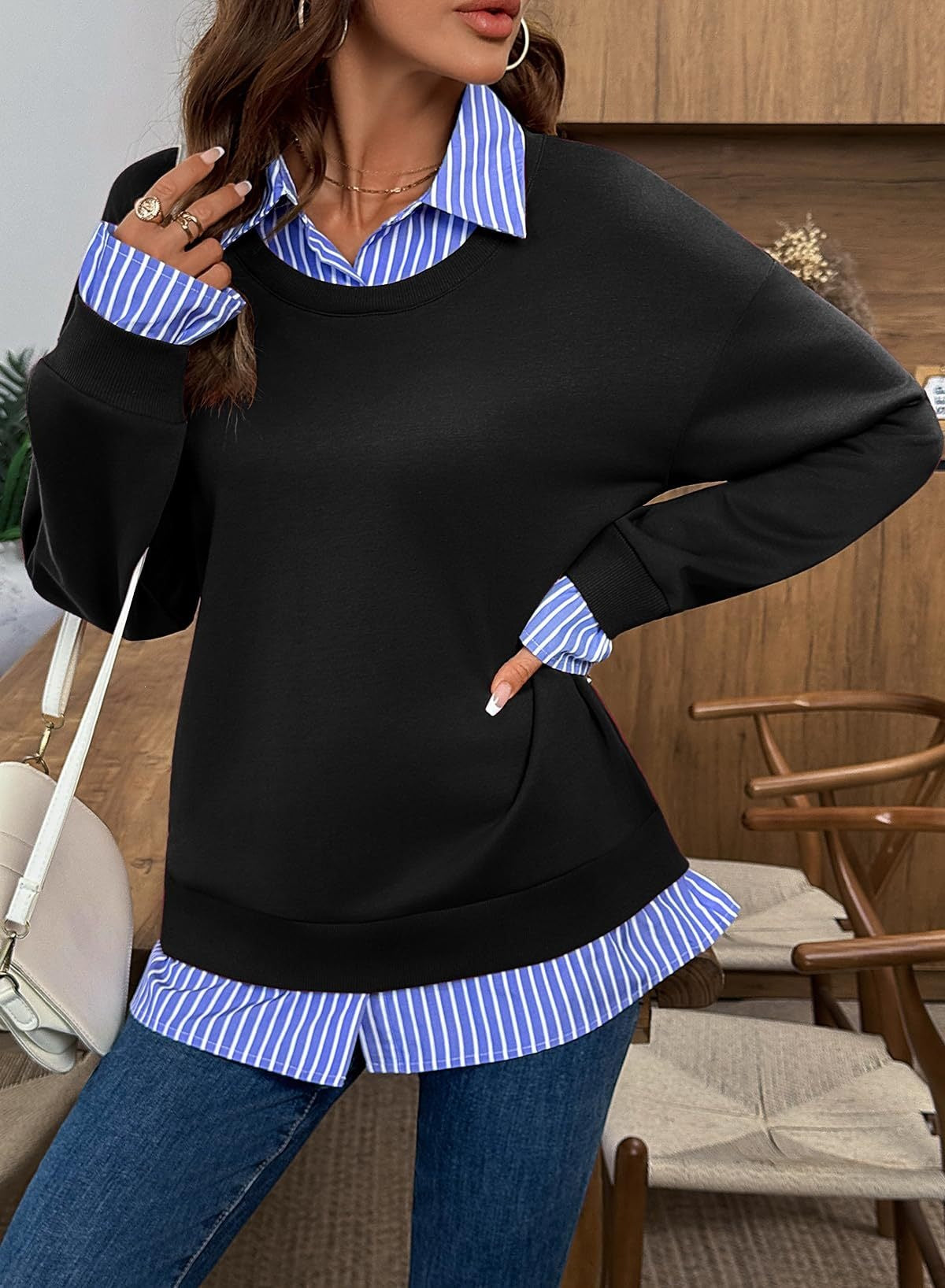 Faux Layered Crewneck Sweatshirt Striped Shirt Detail