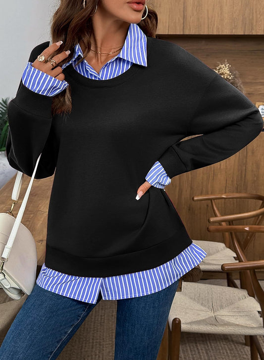 Faux Layered Crewneck Sweatshirt Striped Shirt Detail