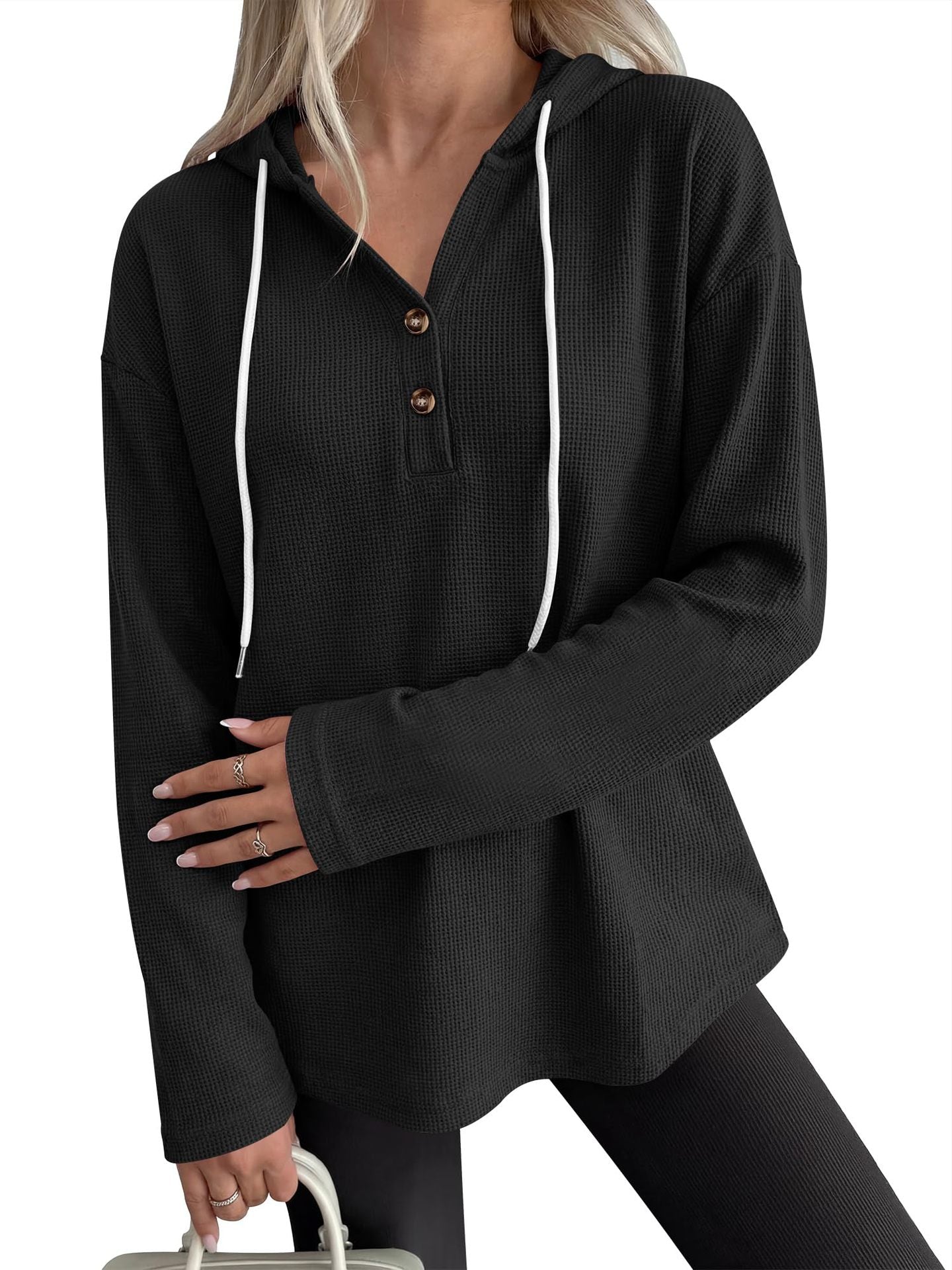 Solid Waffle Hoodie Pullover Casual Button Long Sleeve