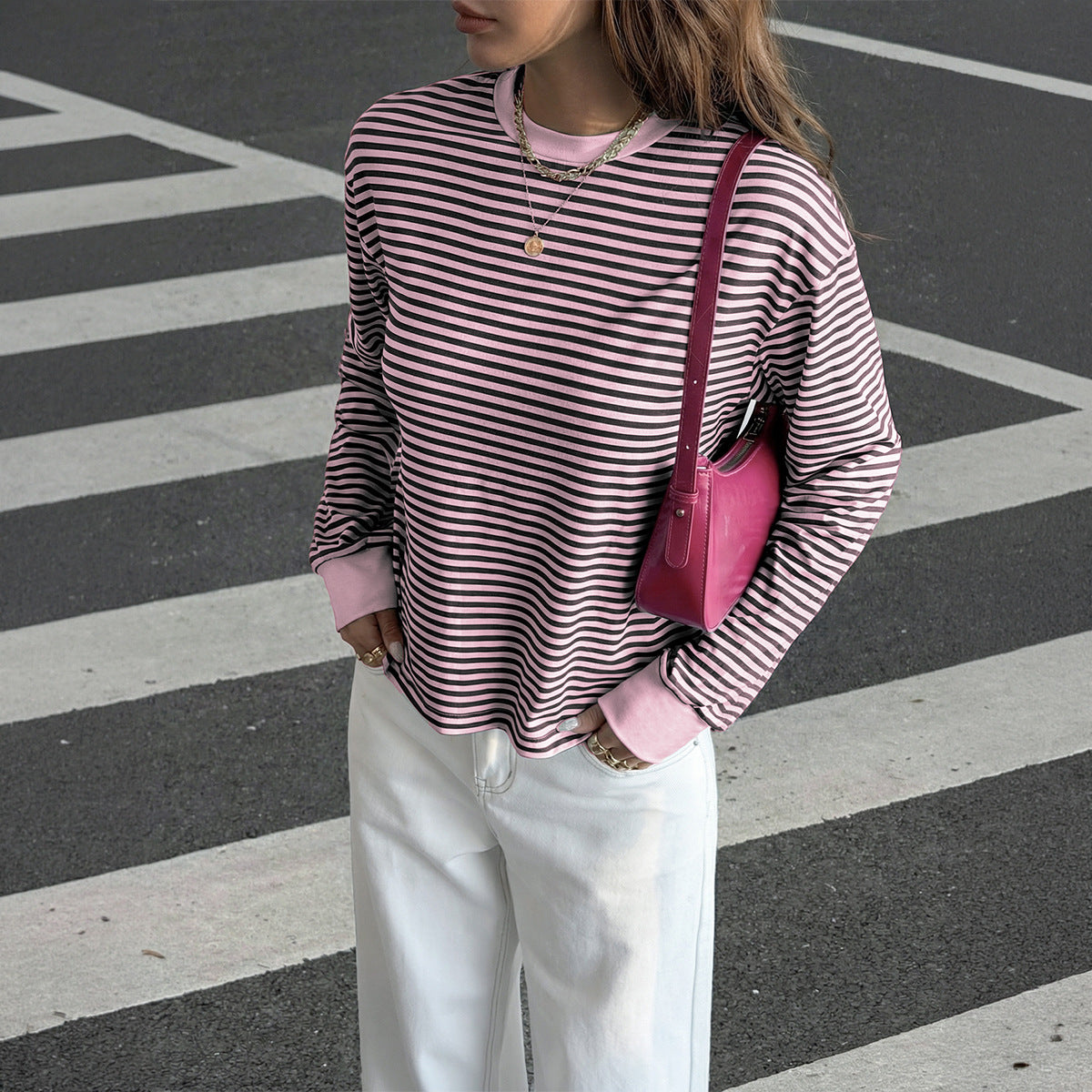 Striped Polyester Tee Casual Oversized Long Sleeve