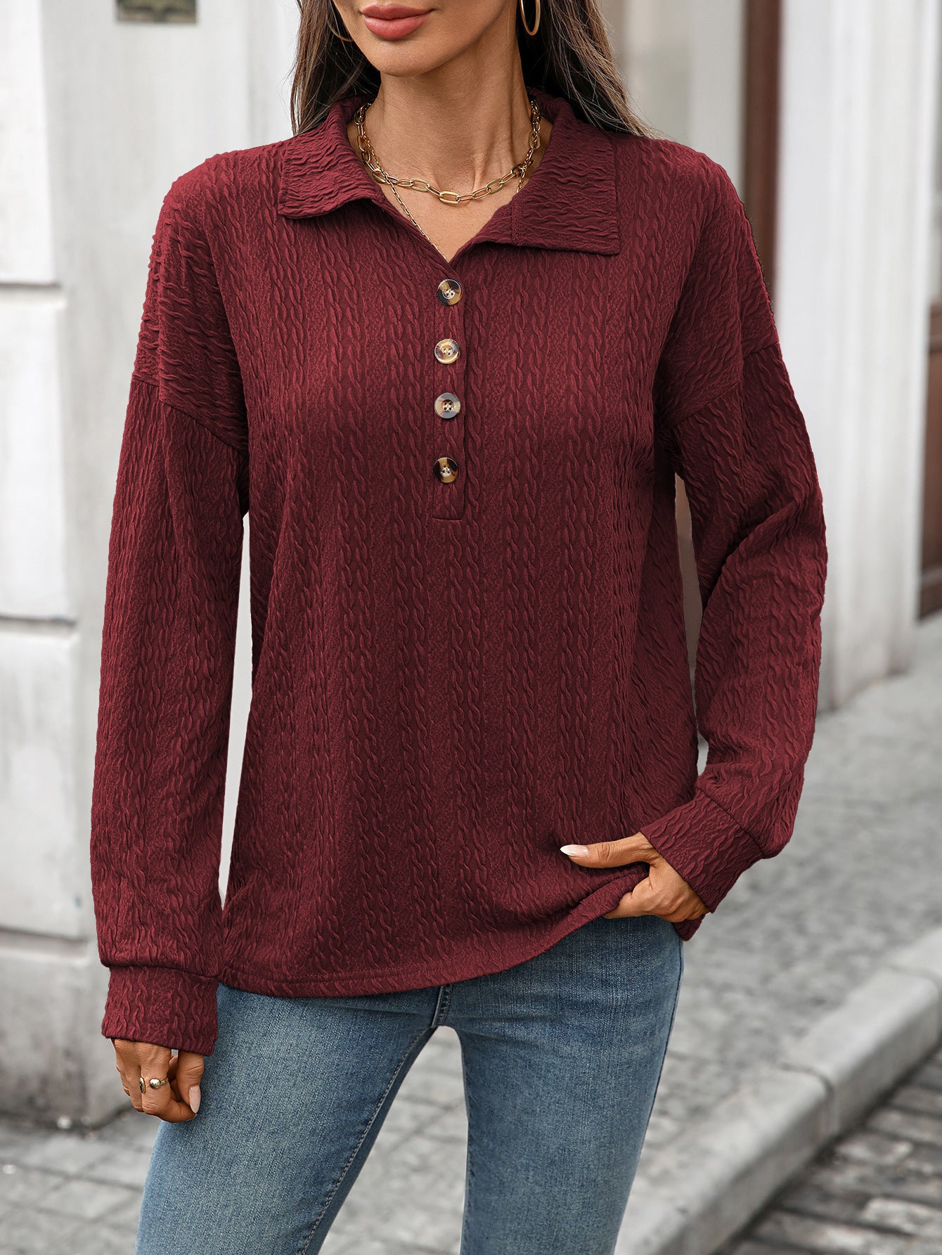 Women's Collared Button Long Sleeve Oversized Sweatshirt