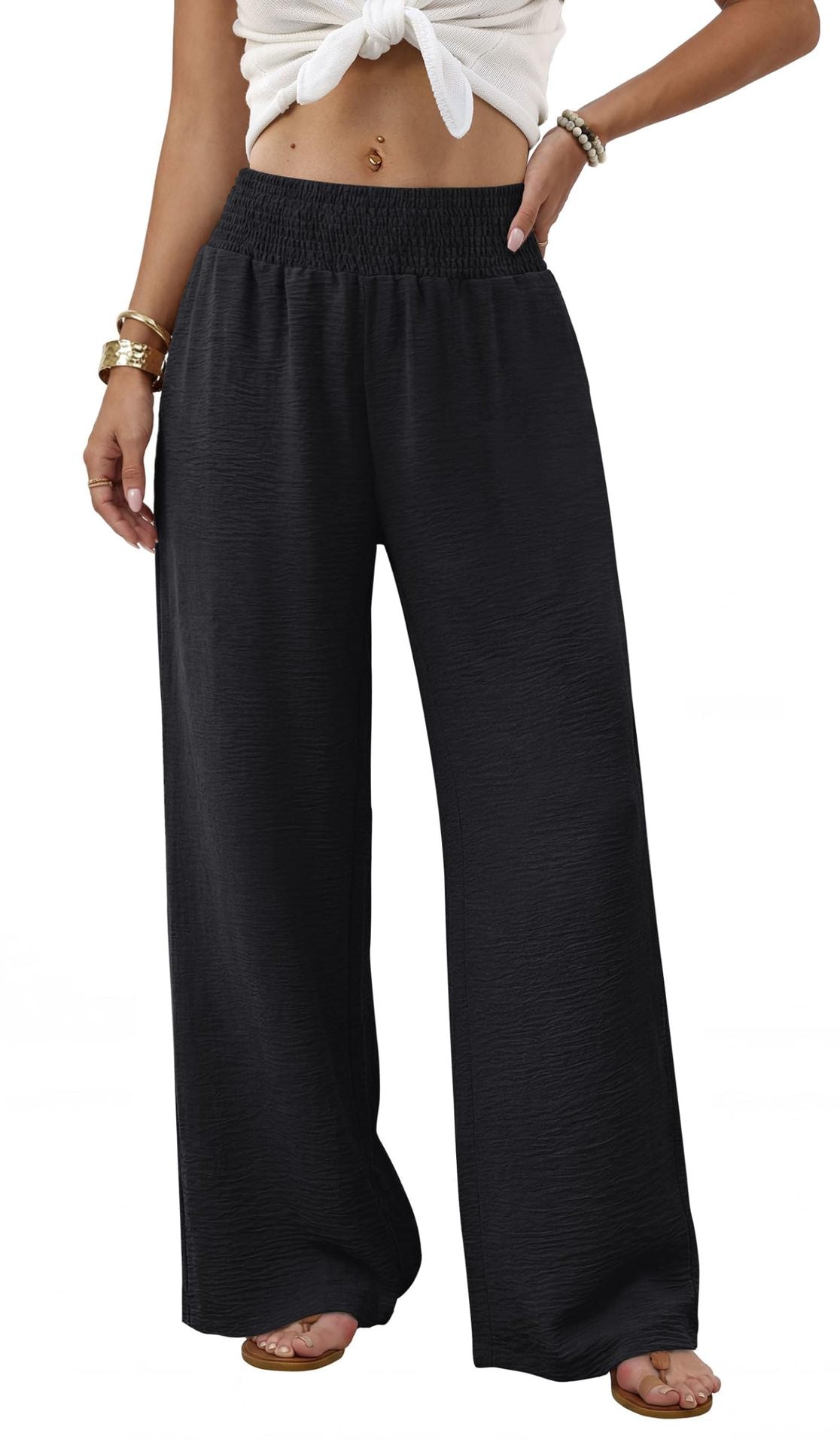 Women's High Waist Smocked Wide Leg Pants with Pockets