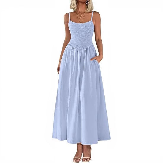 Spaghetti Strap Smocked Maxi Dress with Pockets for Summer