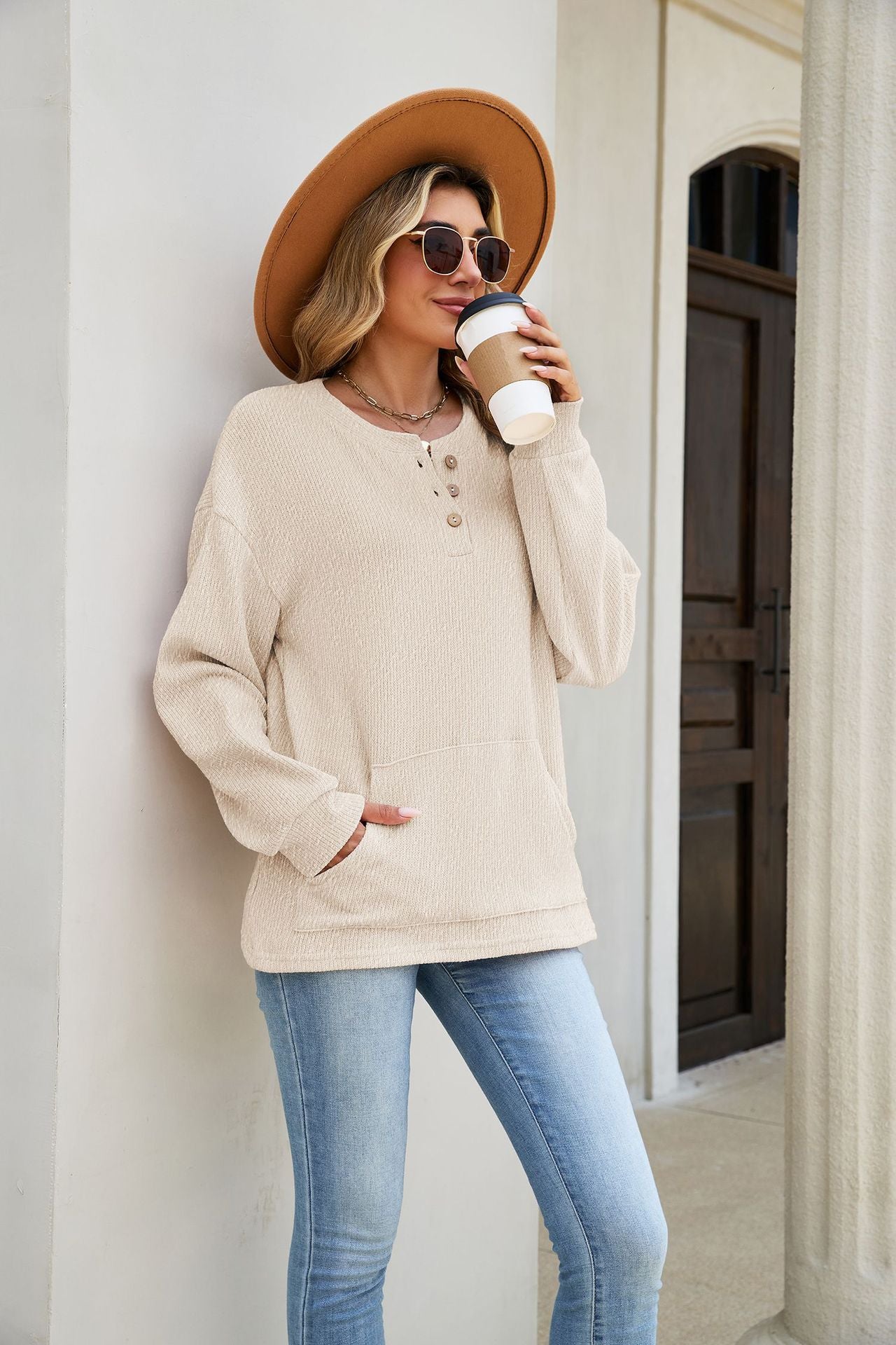 Women's Waffle Henley Pocket Sweatshirt Long Sleeve Oversized