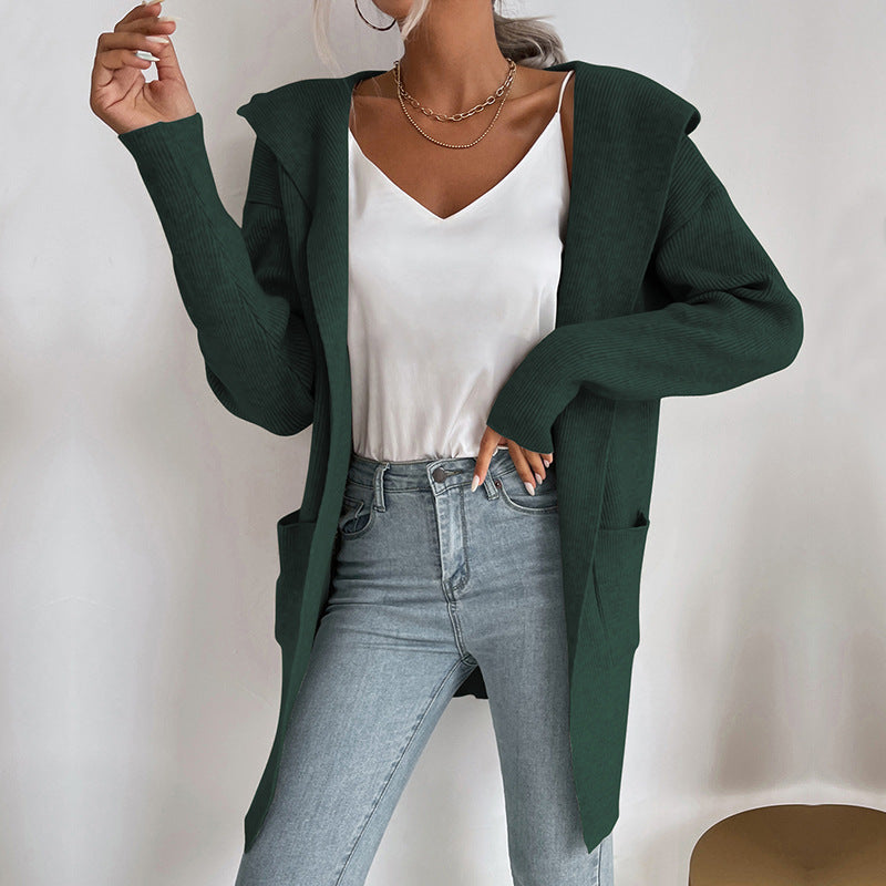 Hooded Knit Cardigan Long Sleeve Open Front Outerwear