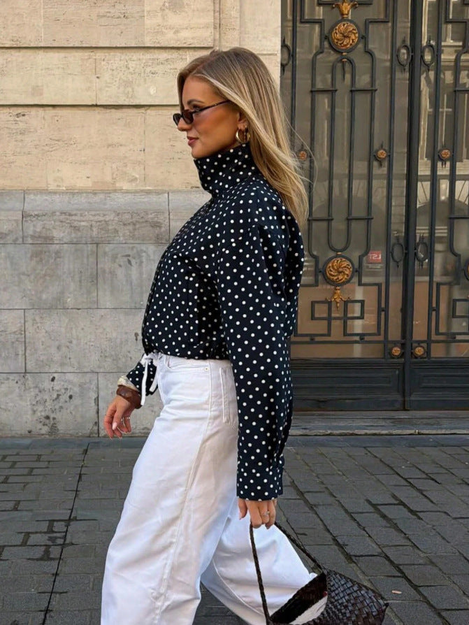 Women's Polka Dot Zip Jacket Stand Collar Casual Streetwear