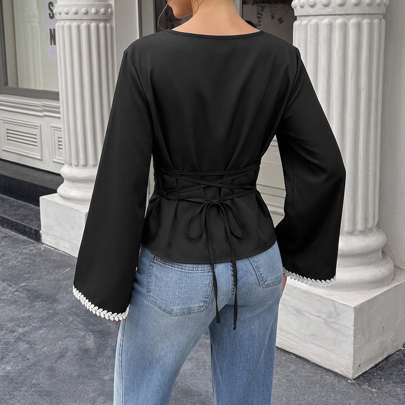 Boat Neck Contrast Trim Flare Sleeve Top