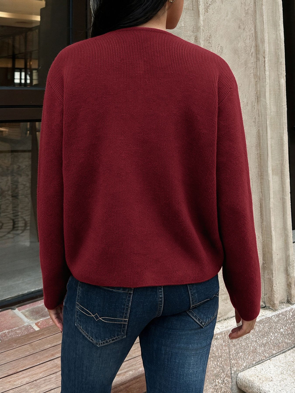 Women's Burgundy Crew Neck Gold Button Cardigan Sweater