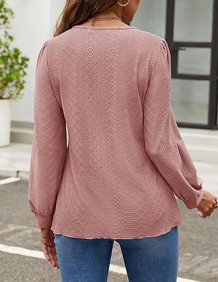 Solid Knit Blouse Casual Eyelet Puff Sleeve Boutique