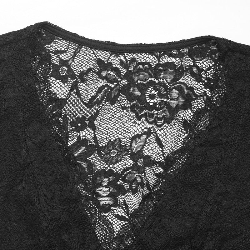 Lace Deep V Neck Sleeveless Bodysuit in Black