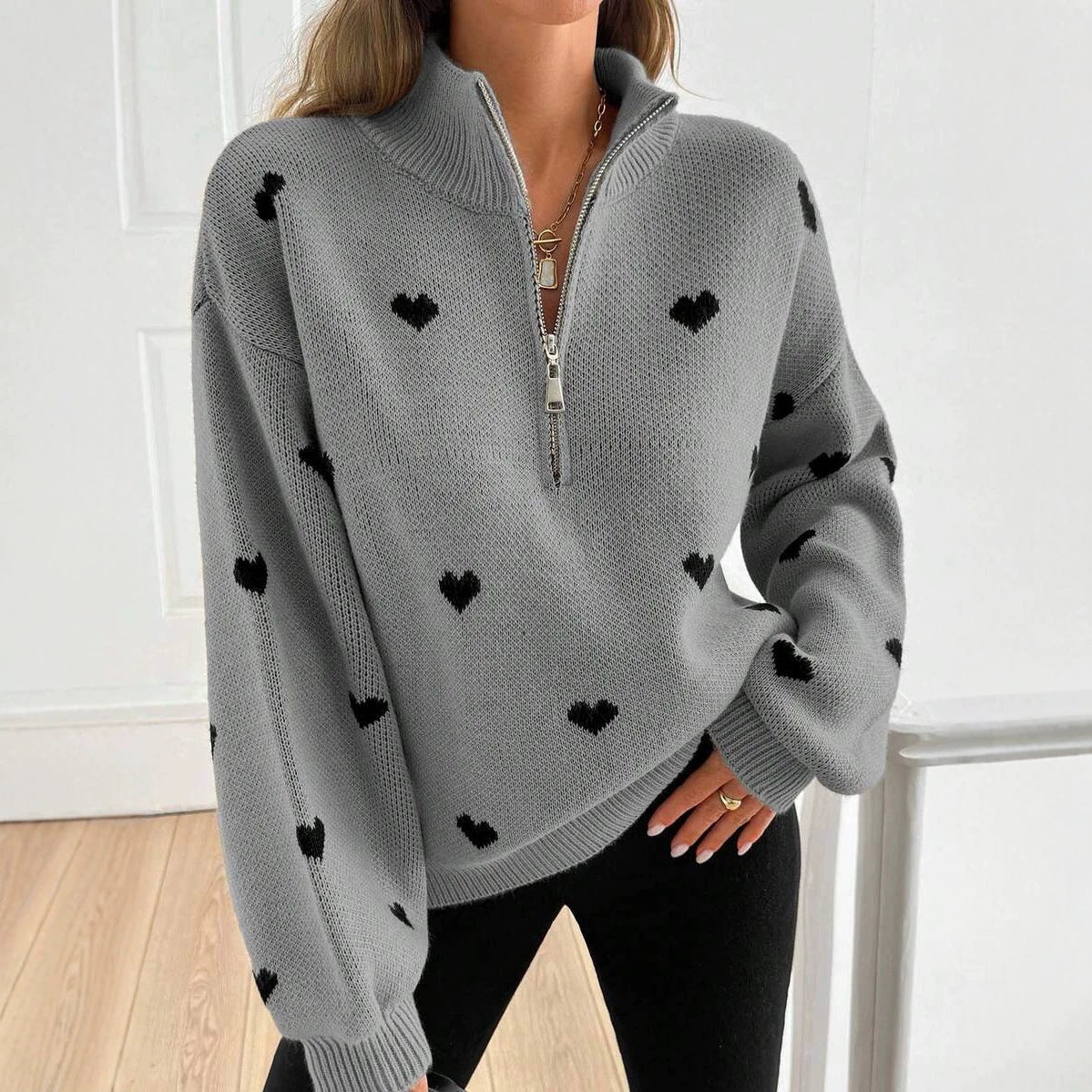 Half Zip Sweater with Heart Print, Oversized Knit Pullover