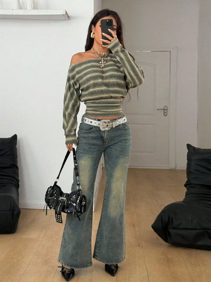 Striped Polyester Top Y2K Off Shoulder Trendy