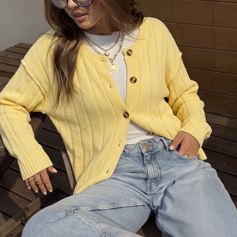Solid Acrylic Cardigan Casual Button Front Relaxed Fit