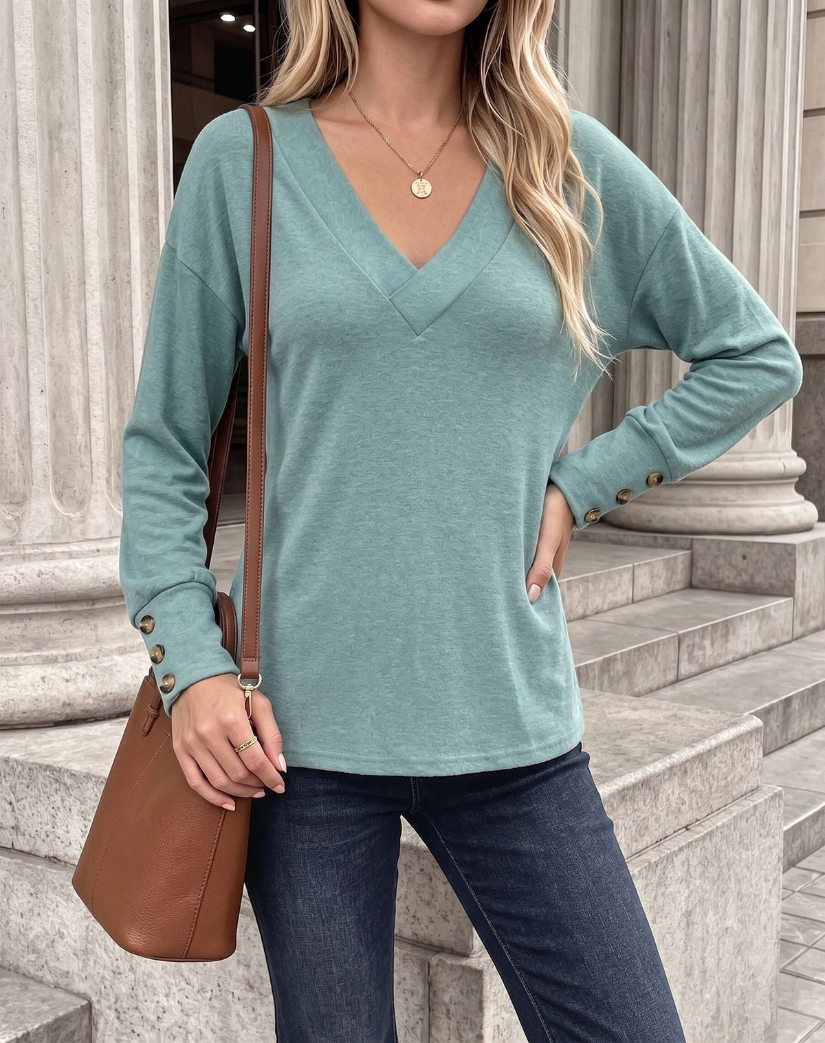 Womens V Neck Long Sleeve Button Cuff Loose Tunic Top