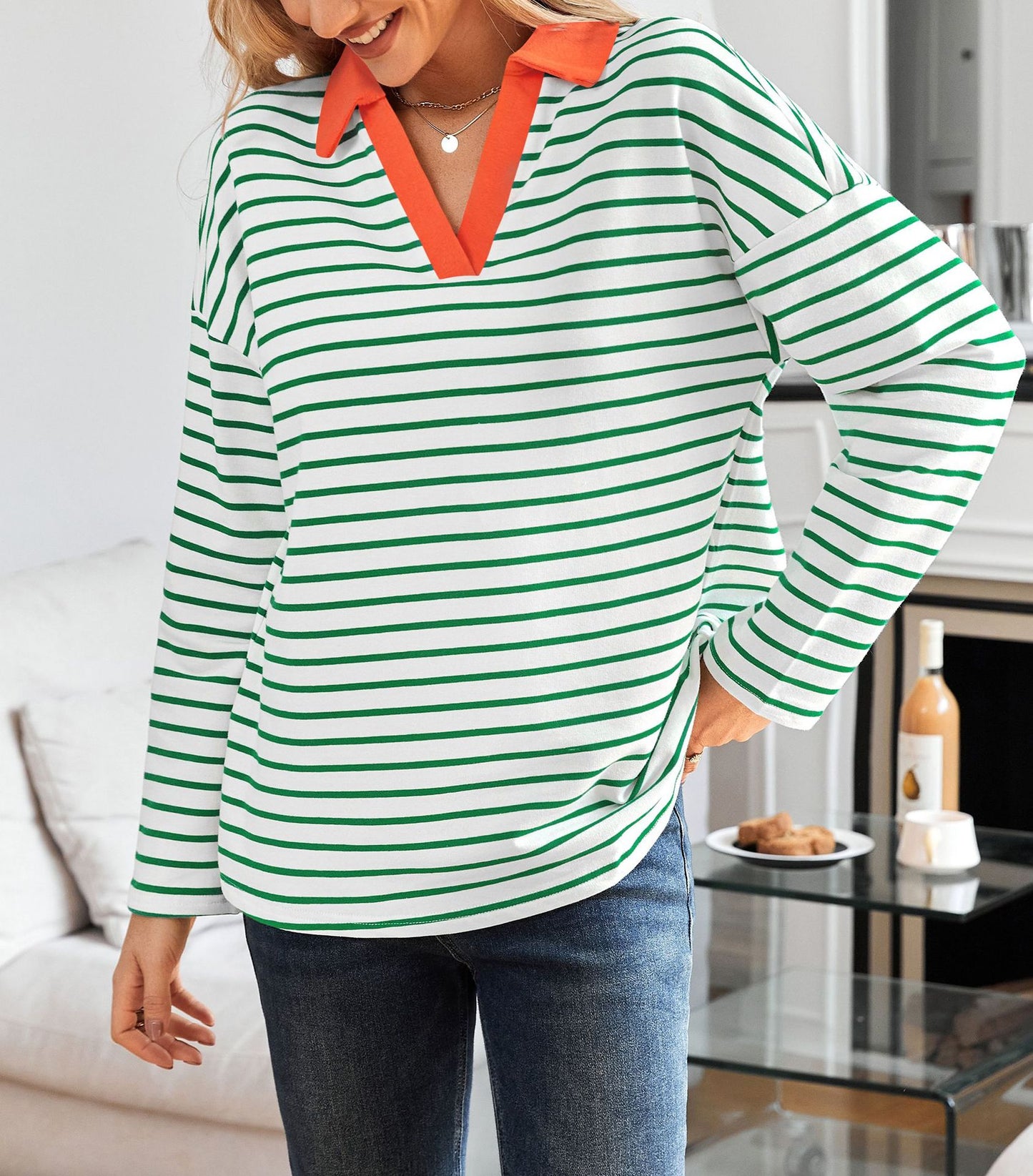 Striped V-neck Loose Sweatshirt Lapel Sweater