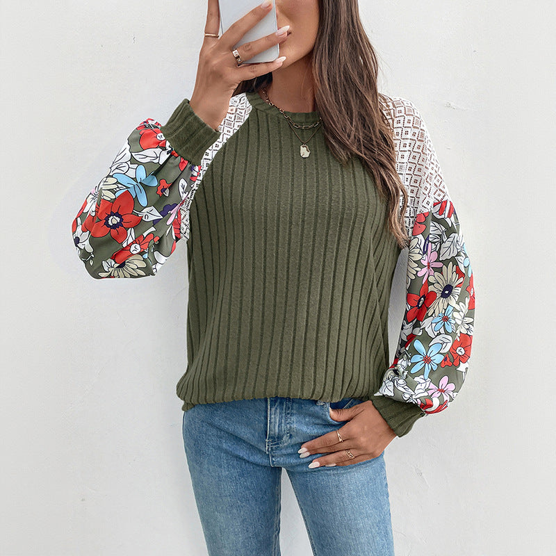 Floral Patchwork Sleeve Knit Top Round Neck Pullover