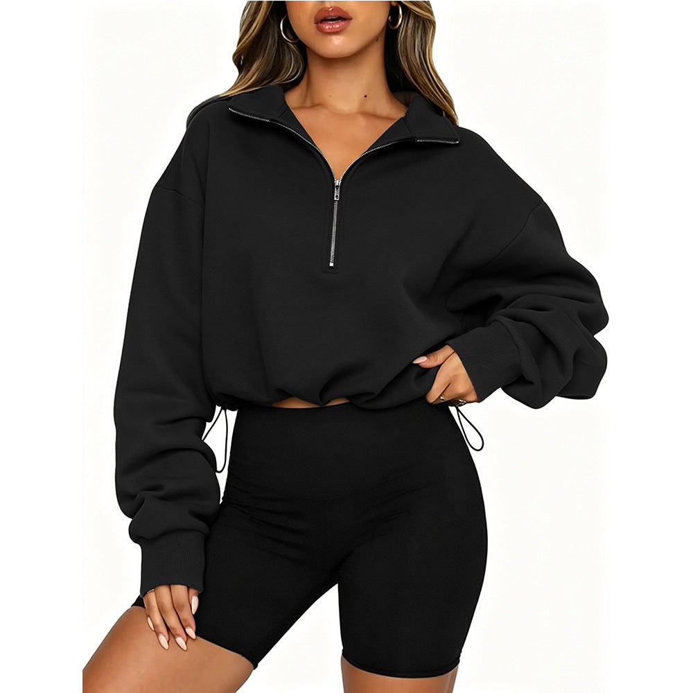 Half-Zip Pullover Sweatshirt Casual Drawstring Cropped Top