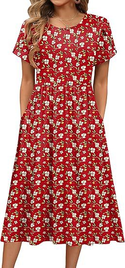 Boho Floral Midi Dress for Women Round Neck Short Sleeve