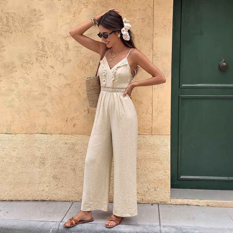 Solid Cami Jumpsuit  Lace Trim Wide Leg Resort Outfit