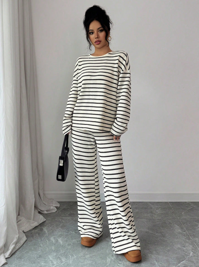 Striped Knit Jumpsuit Boutique Wide Leg Ribbed Loungewear