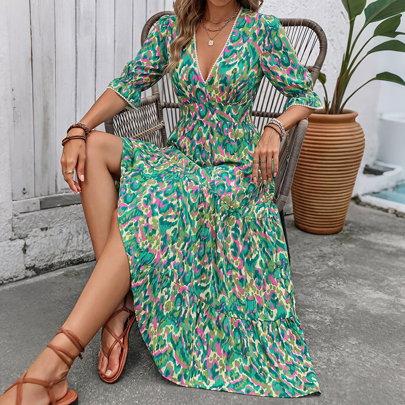 Abstract Cotton Maxi Dress Resort V Neck Tiered