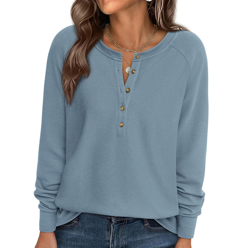 Henley Button Front Waffle Knit Long Sleeve Top