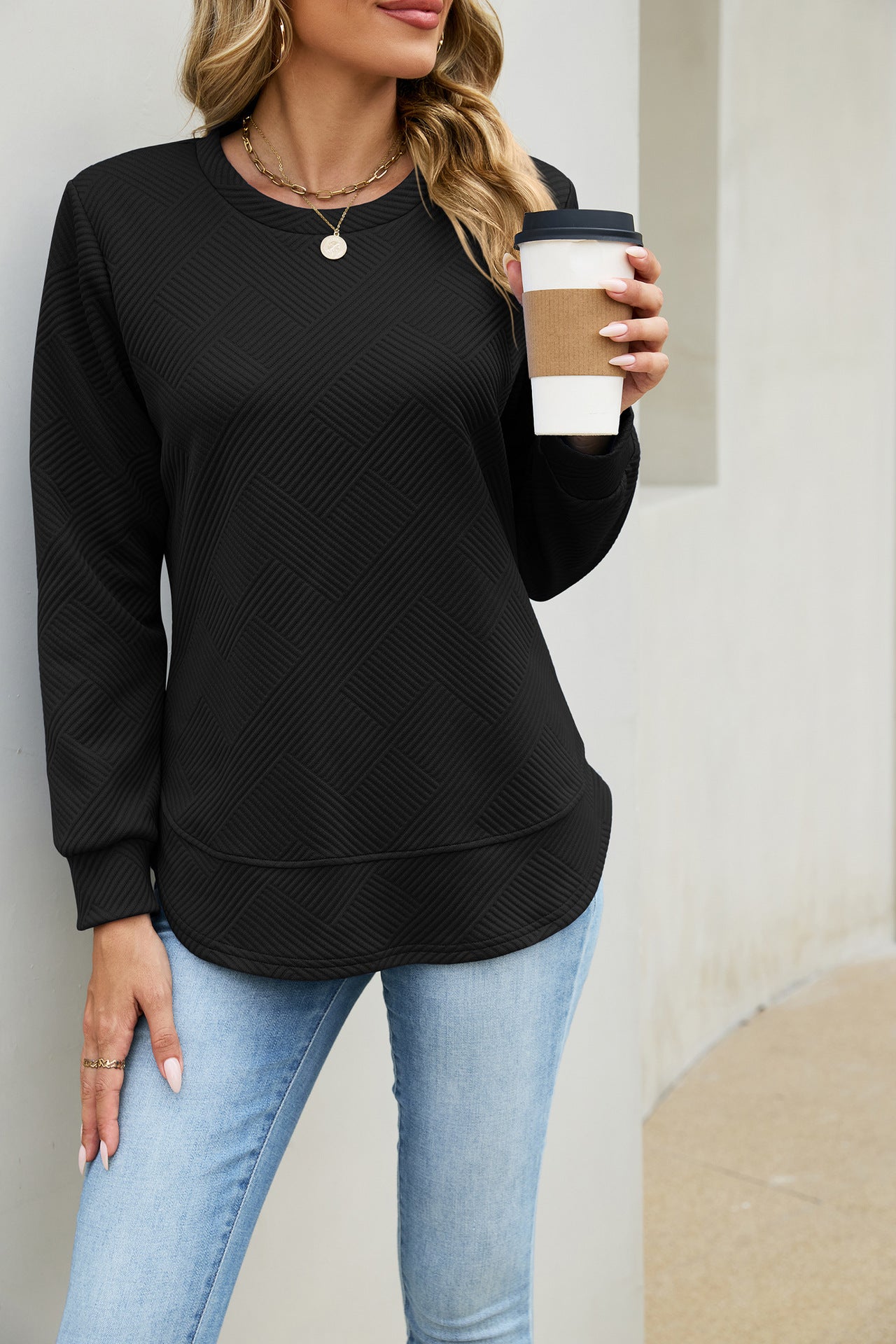 Solid Textured Cotton Sweatshirt Relaxed Long Sleeve Top