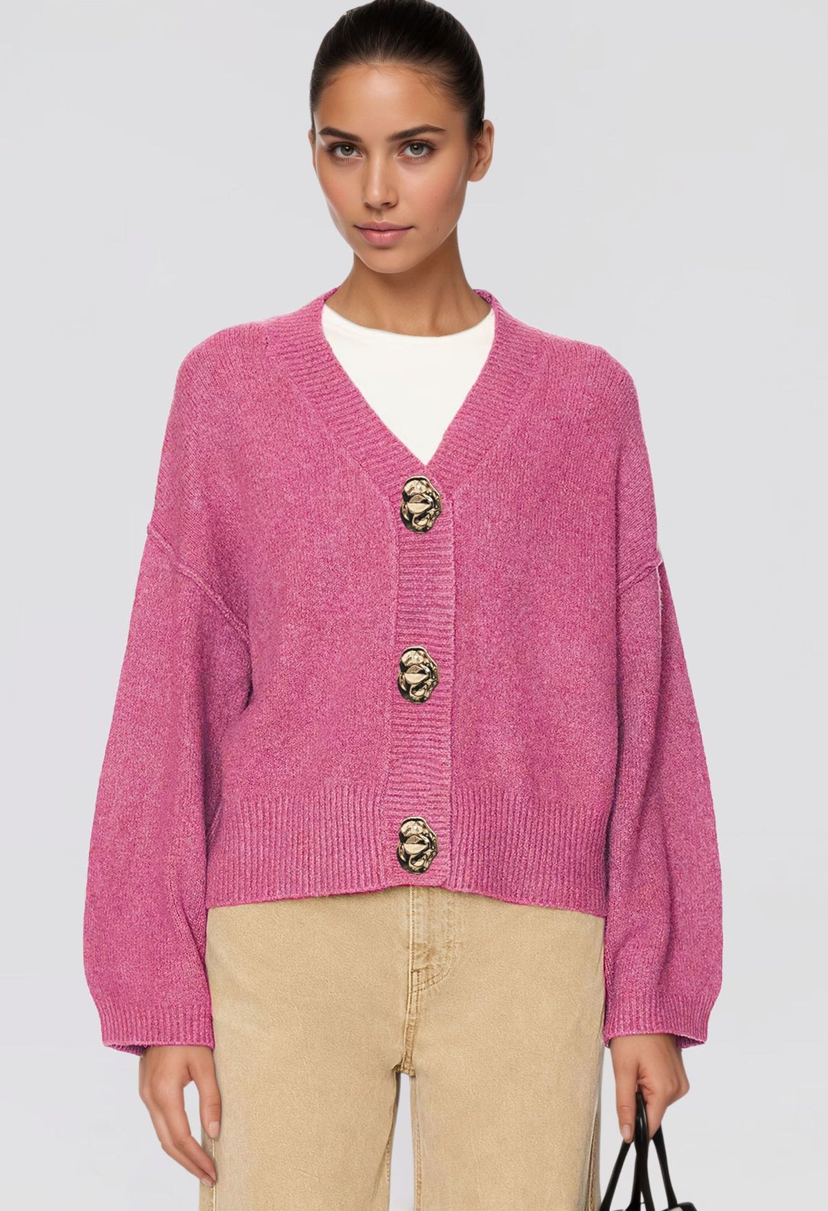 Womens Chunky V Neck Cardigan Statement Button Sweater