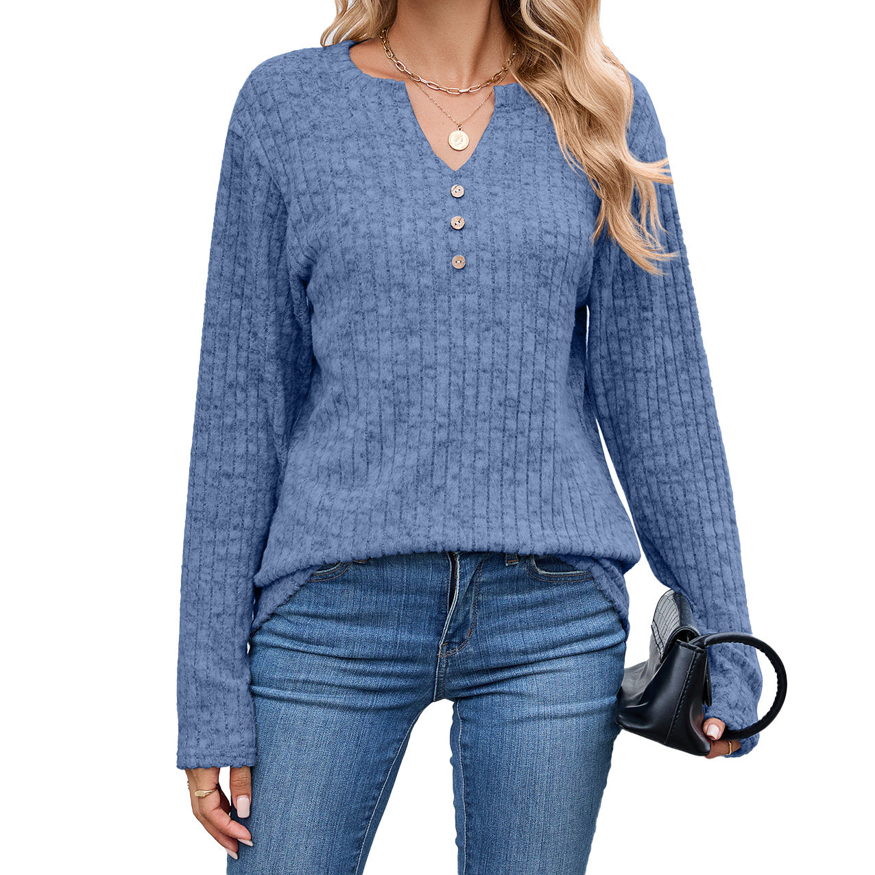 Women's Oversized V Neck Button Ribbed Long Sleeve Knit Top