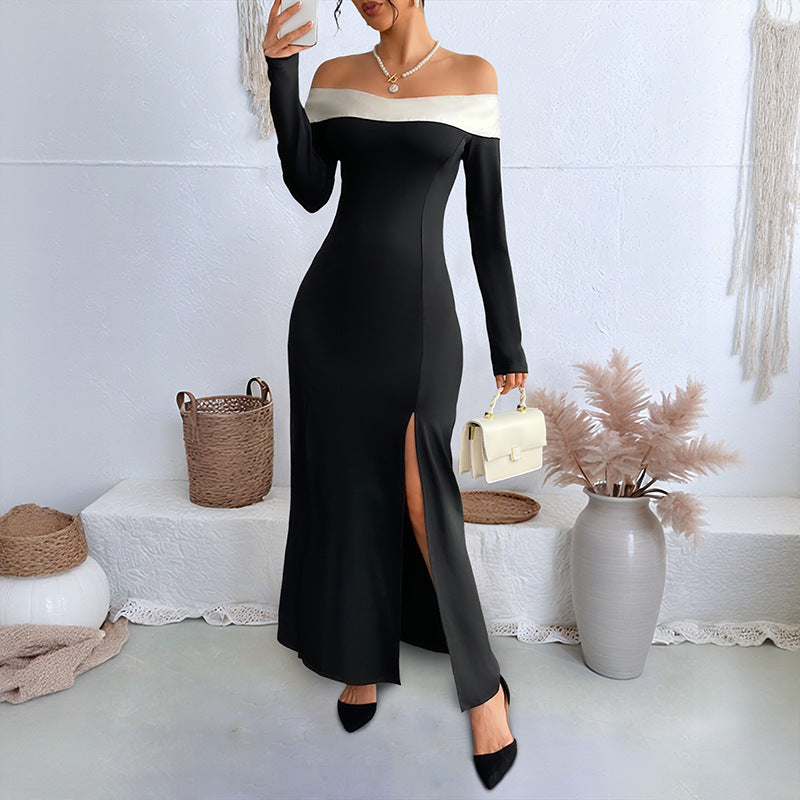 Off Shoulder Split Maxi Dress Long Sleeve Evening Gown