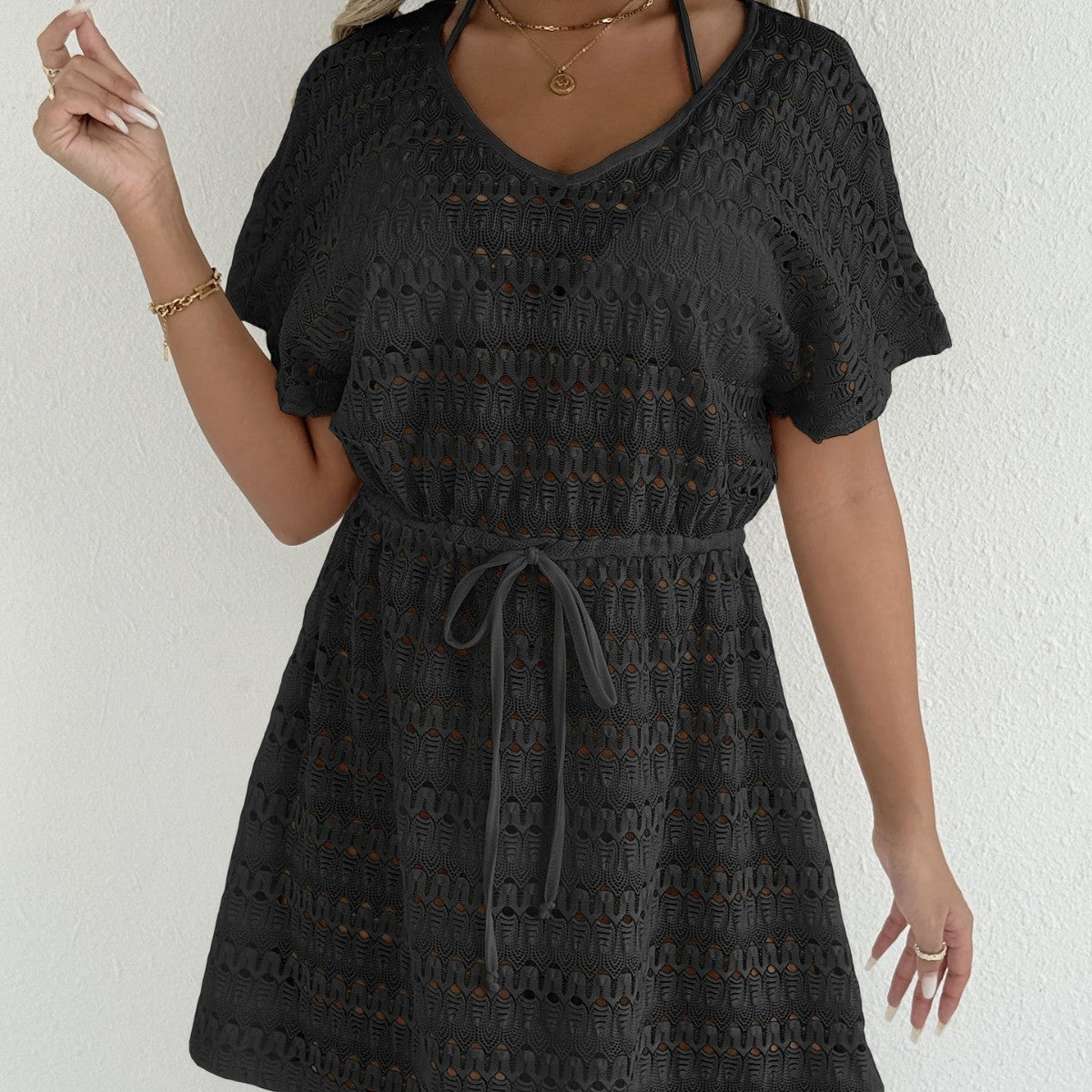 V Neck Lace Crochet Tie Waist Beach Cover Up Dress