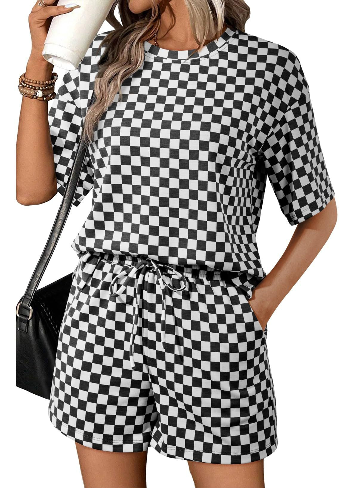 Women's Checkerboard Lounge Set Drawstring Shorts Casual