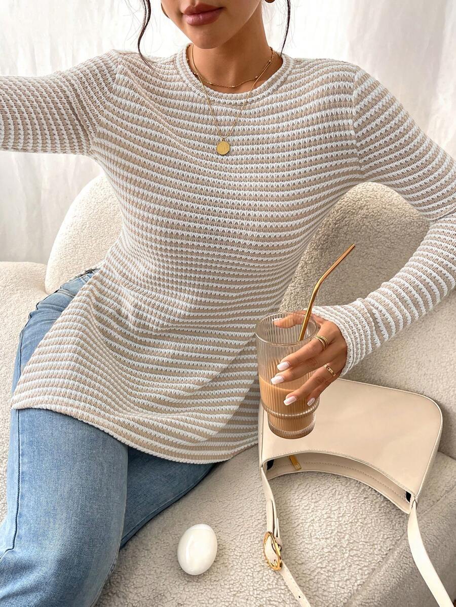 Striped Knit Top Casual Tunic Slim Fit Long Sleeve