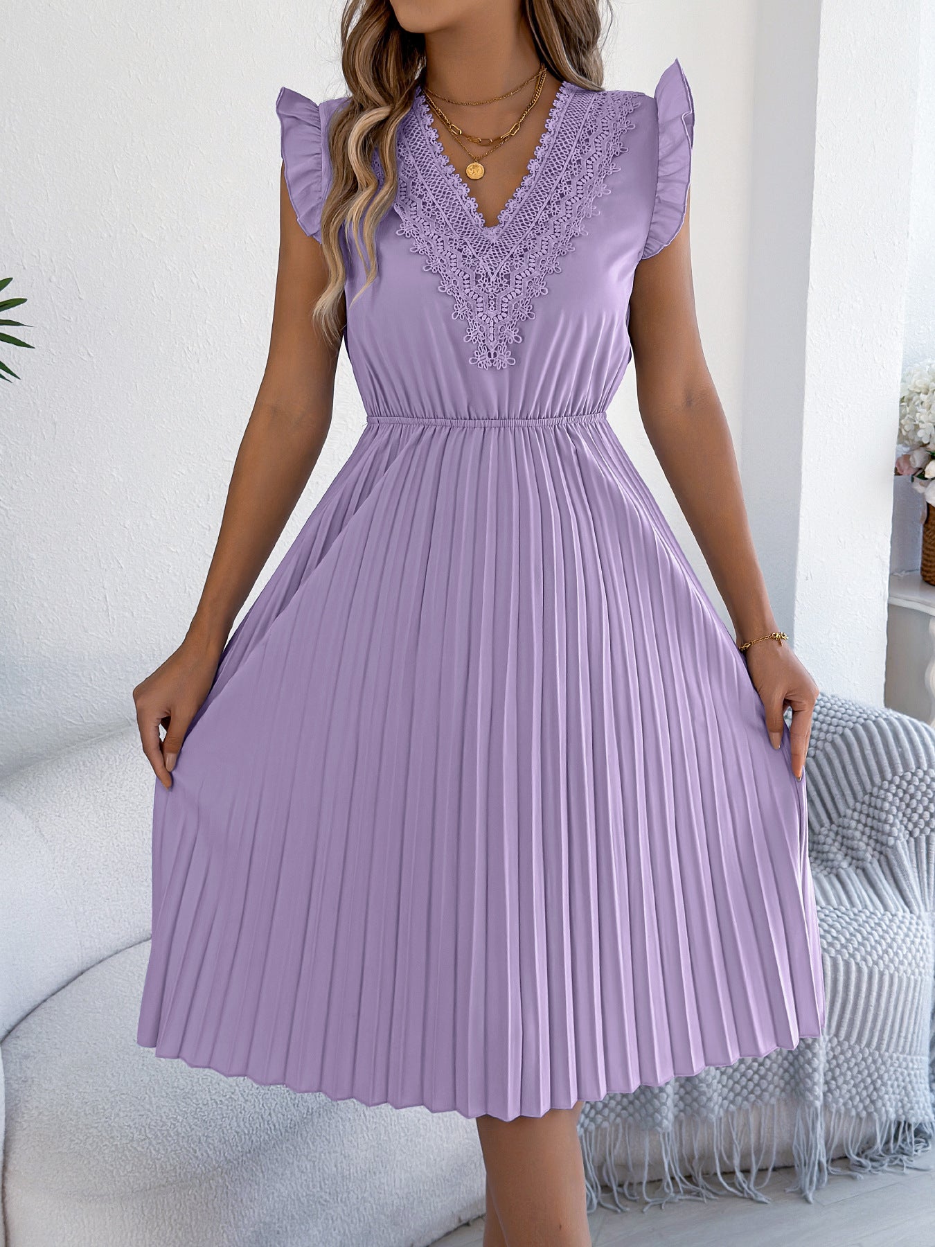Pink Lace V Neck Pleated Midi Dress with Flutter Sleeves