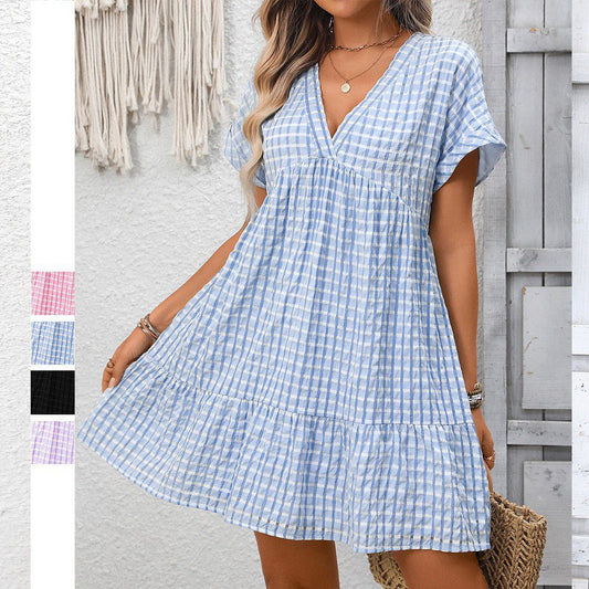 Gingham V Neck Short Sleeve Summer Dress with Ruffle Hem