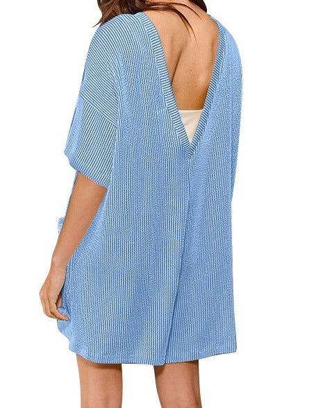 Womens Striped Romper Loose Fit Short Sleeve Jumpsuit