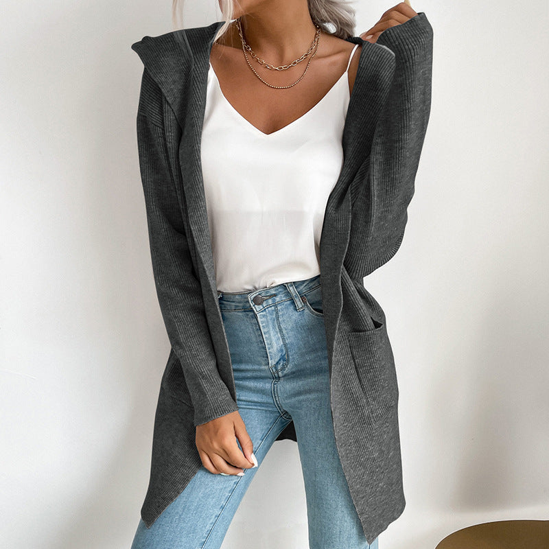 Hooded Knit Cardigan Long Sleeve Open Front Outerwear