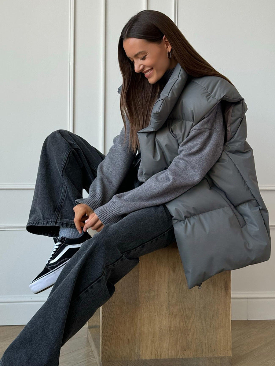 Oversized Longline Puffer Vest High Collar Zip Front