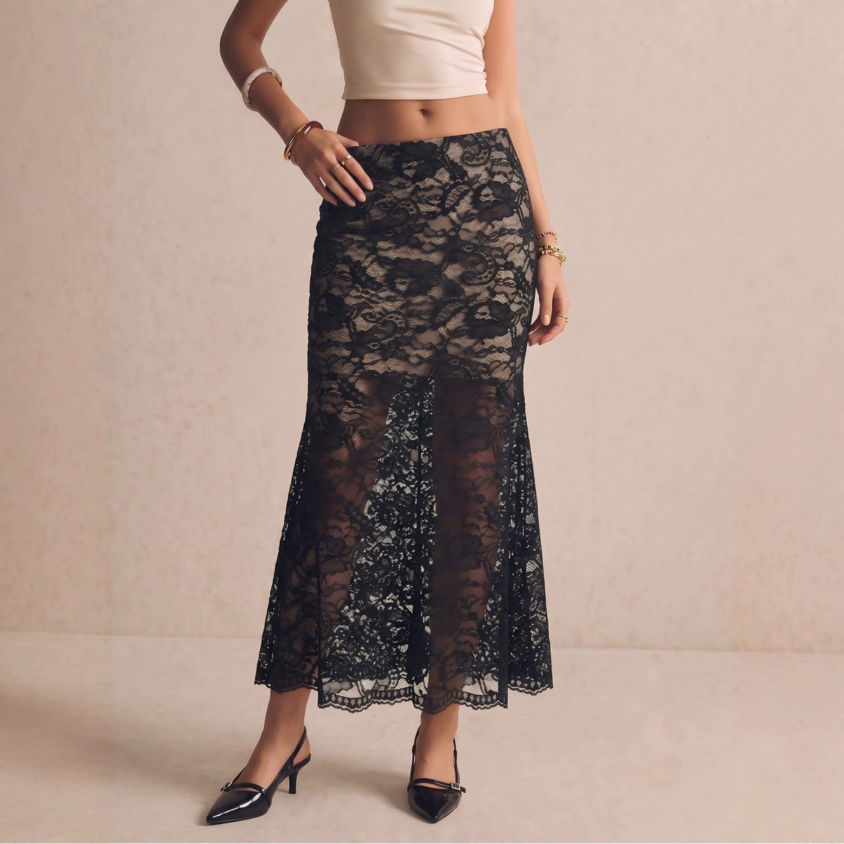 Black Lace Maxi Skirt High Waist Slit Floral Sexy