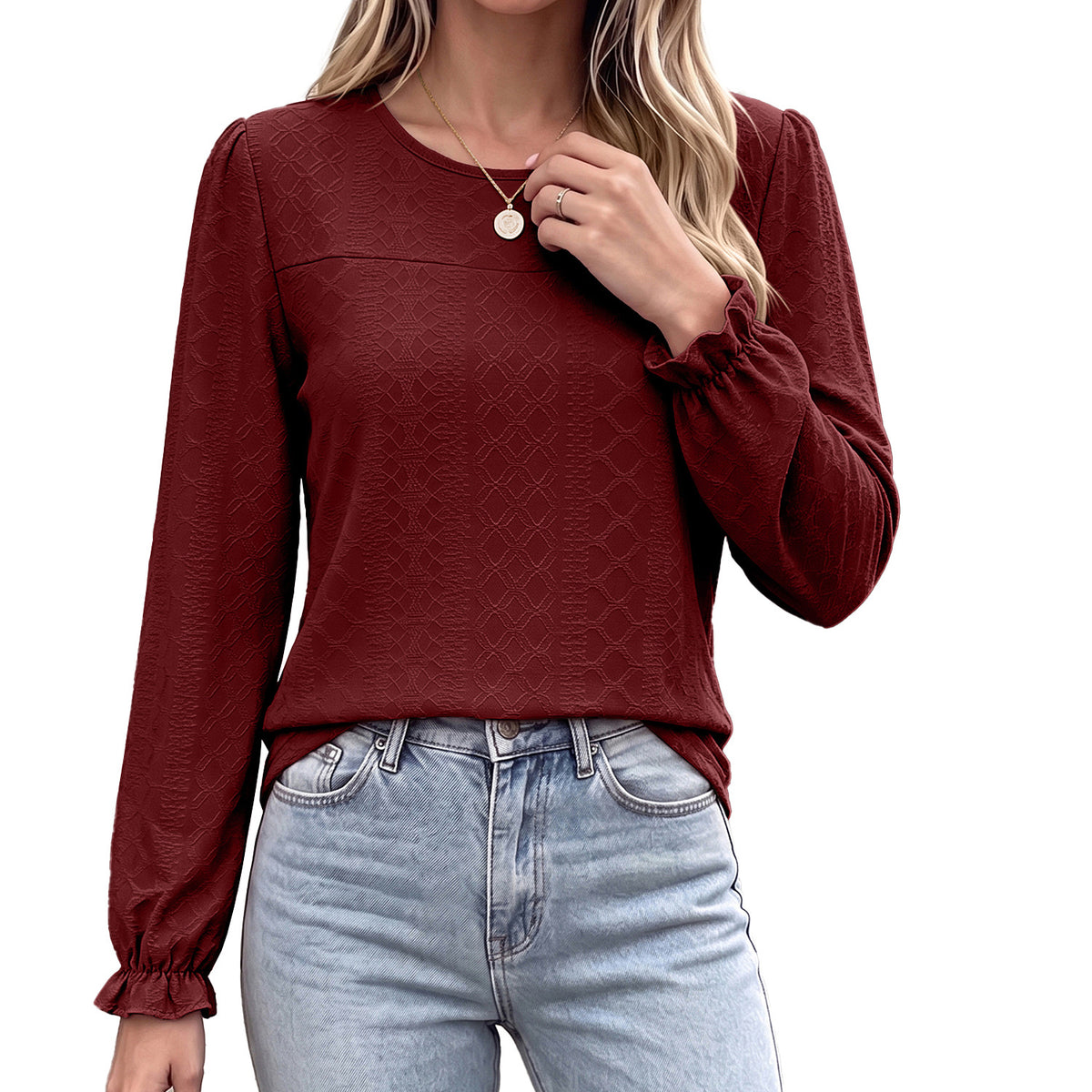Women's Textured Long Sleeve Round Neck Ruffle Cuff Top