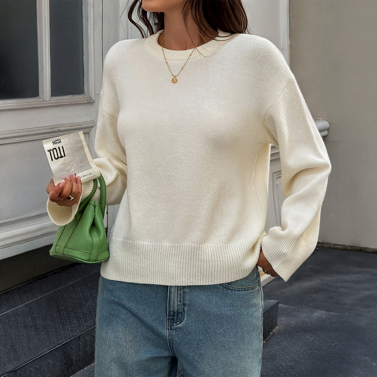 Women's Oversized Cropped Crew Neck Knit Sweater
