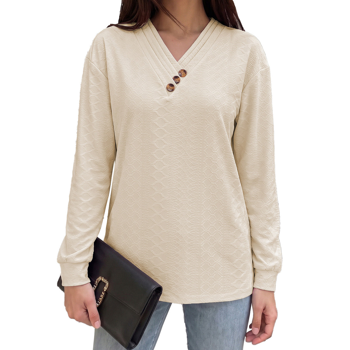 Women's V-Neck Button Detail Textured Long Sleeve Tunic Top