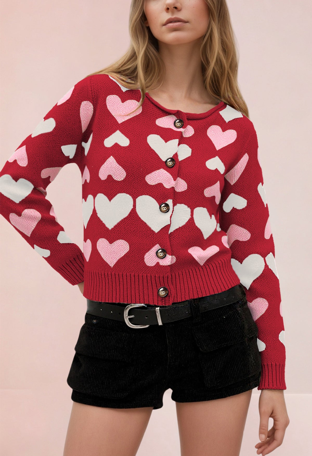 Women's Heart Print Color Block Knit Button Front Cardigan