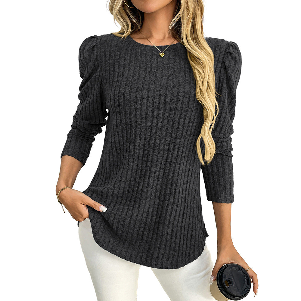 Women’s Long Sleeve Ribbed Top Puff Sleeve Crew Neck Tee