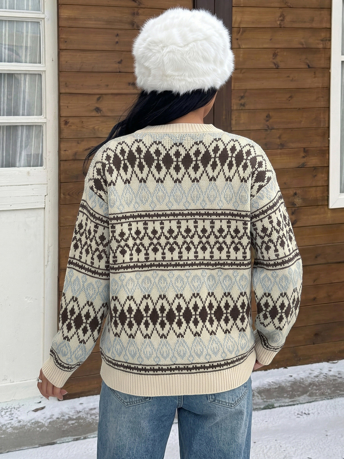 Women's Oversized Fair Isle Crew Neck Knit Sweater