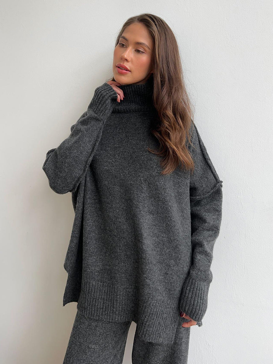 Turtleneck Knit Sweater Pants Set Relaxed Fit