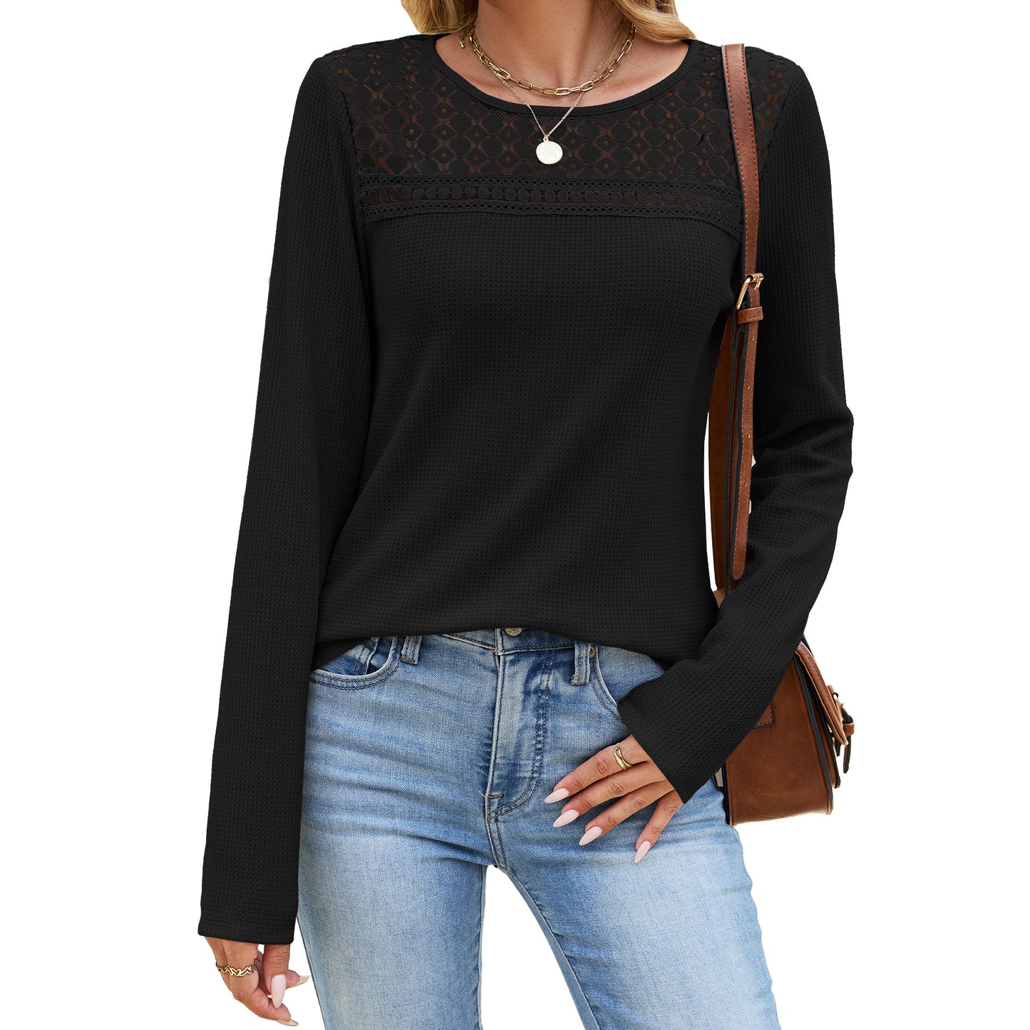 Solid  Blouse Floral Lace Casual Boutique Top