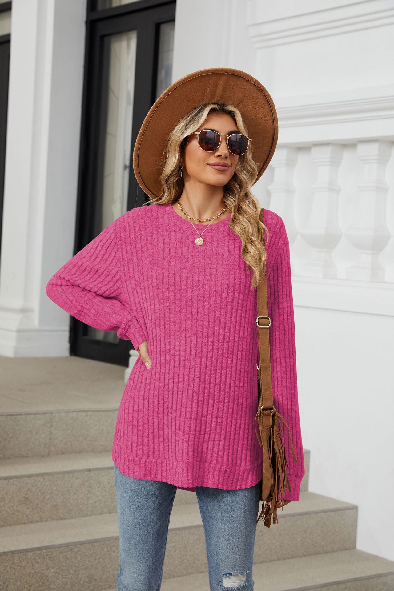 Solid Color Round Neck Long-sleeved Polished Loose T-shirt