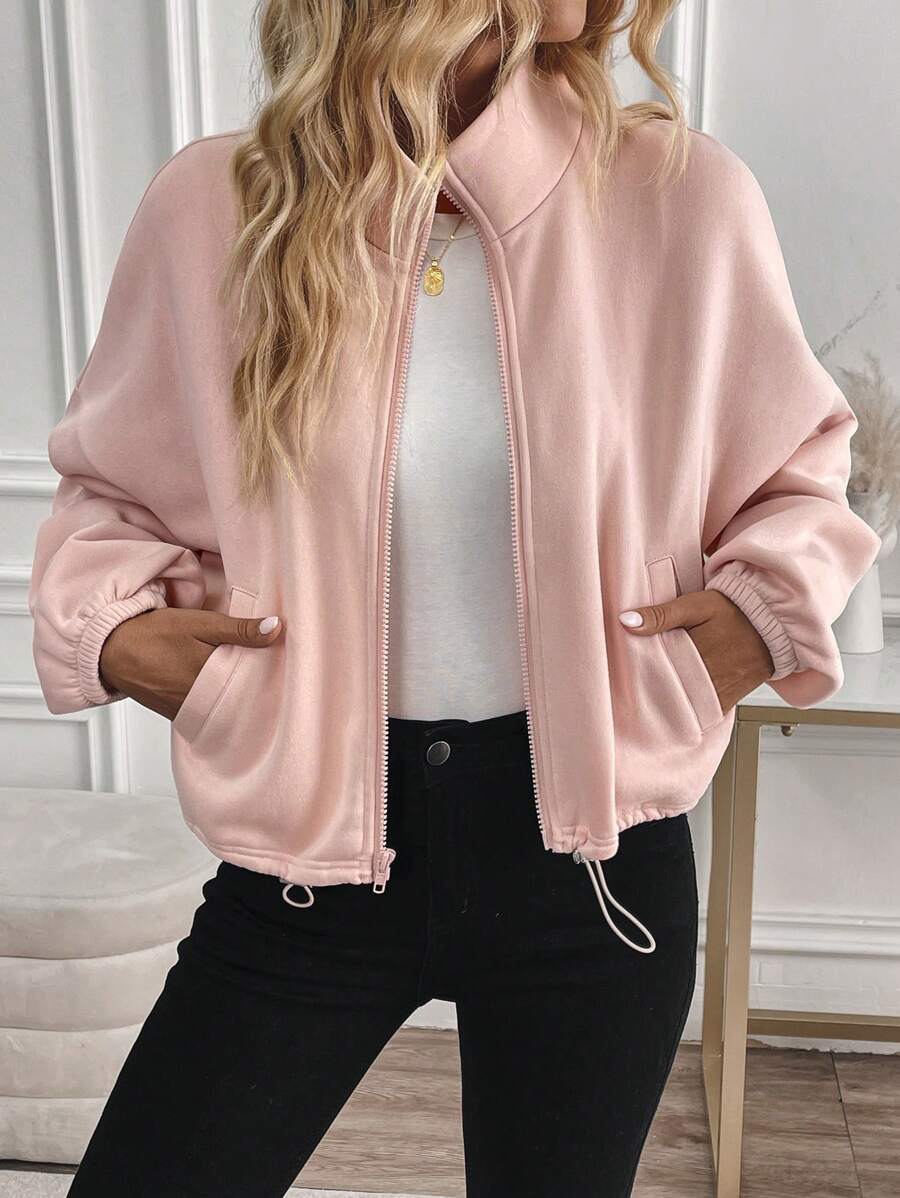 Fleece Zip Up Jacket Drawstring Casual Cropped Outerwear
