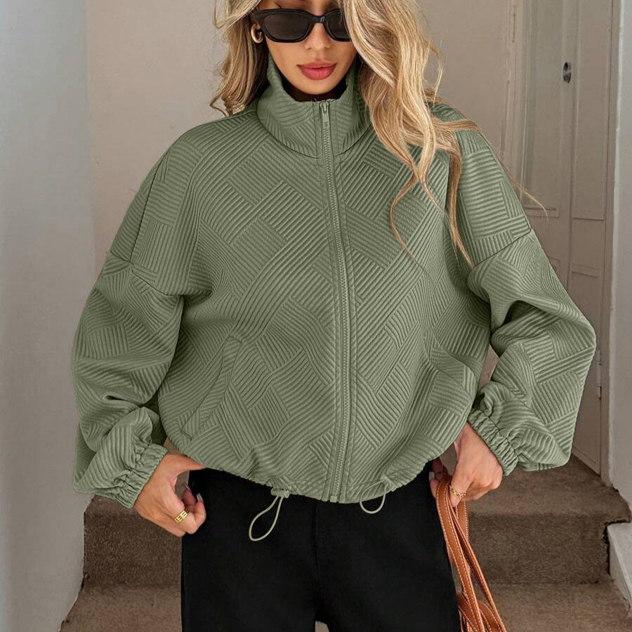 Textured Polyester Jacket Casual Bomber Oversized Zip Up